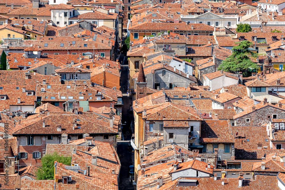 View over the tightly packed rooftops of the old town of Verona in Italy