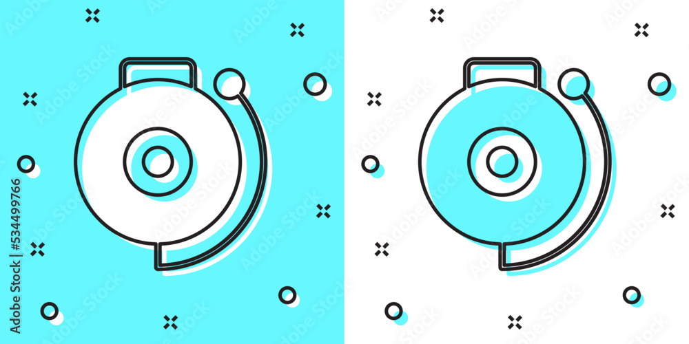 Black line Ringing alarm bell icon isolated on green and white background. Fire alarm system. Service bell, handbell sign, notification symbol. Random dynamic shapes. Vector