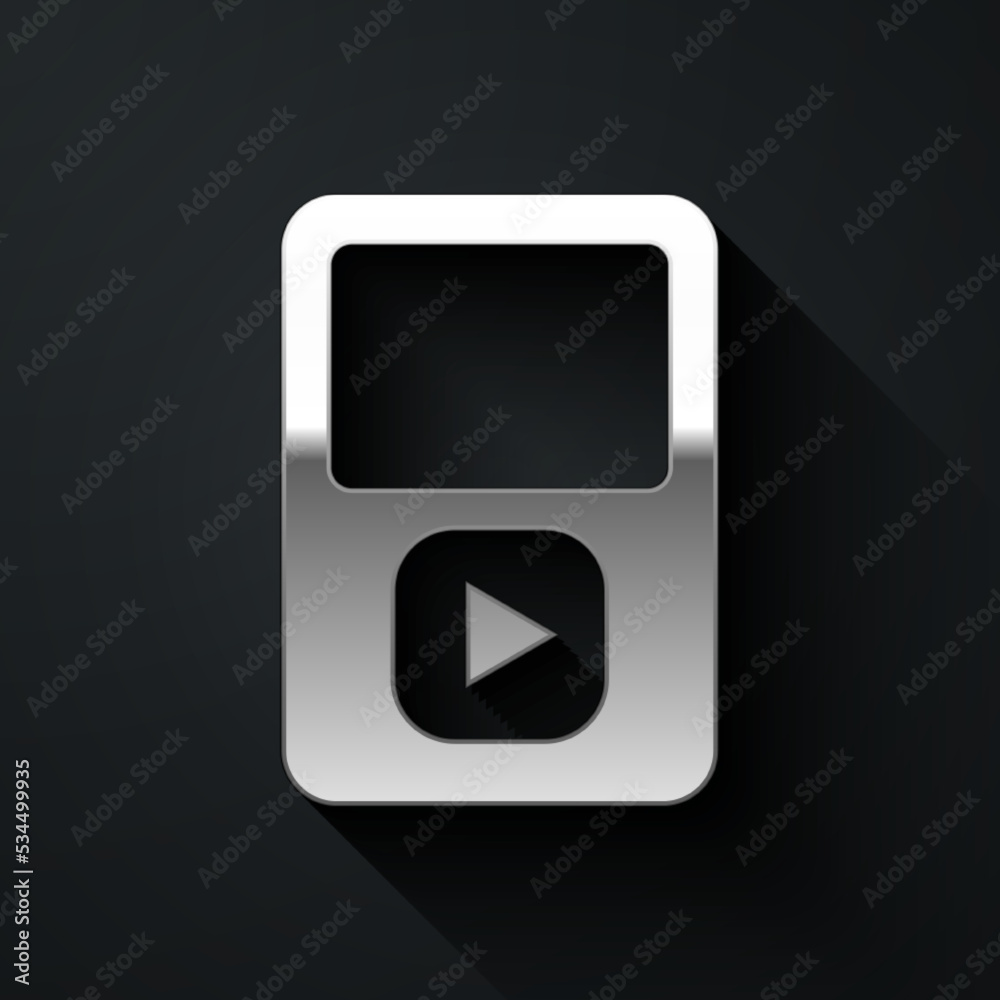 Silver Music player icon isolated on black background. Portable music device. Long shadow style. Vector Silver Music player icon isolated on black background. Portable music device. Long shadow style. Vector
