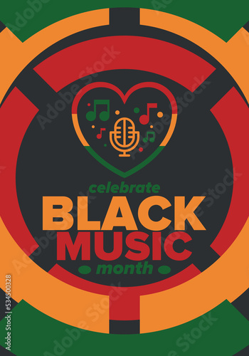 Black Music Month in June. African-American Music Appreciation Month. Celebrated annual in United States. Music concept. Poster  card  banner and background. Vector illustration