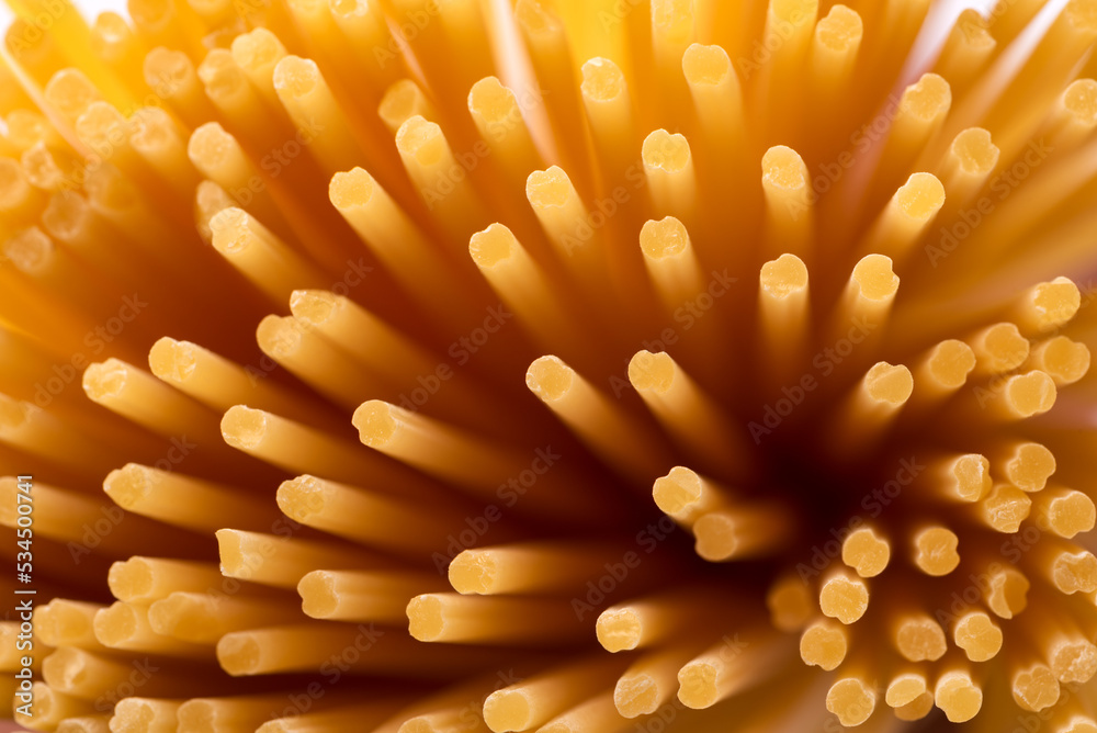 Ripresa macro di spaghetti crudi, pasta italiana 