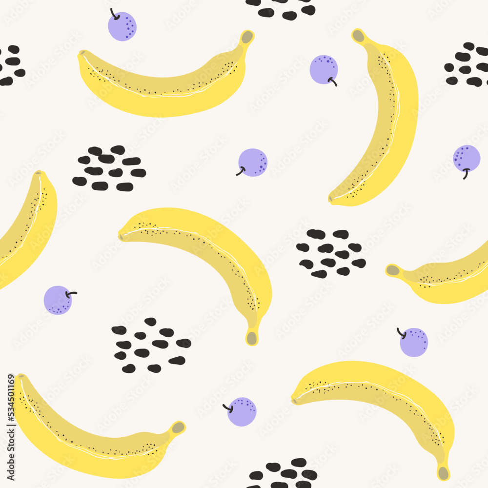yellow banana on light yellowish background  seamless pattern kiddy cartoon style for wallpaper, banner, label, cover, card, texture etc. vector design.