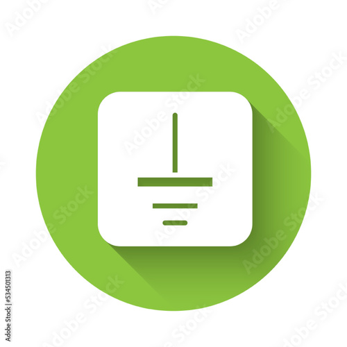 White Electrical symbol ground icon isolated with long shadow background. Protective earth ground symbol icon in electricity. Green circle button. Vector