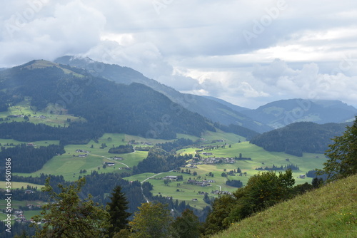 Fototapeta Naklejka Na Ścianę i Meble -  Alpen-Berge-Wälder-Wiesen-Tal