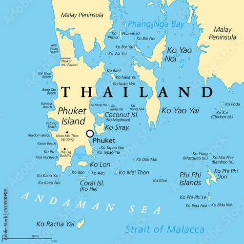 Phuket, largest Island of Thailand, political map with surrounding area. Popular tourist region with plenty of islands, south of Malay Peninsula, in the Andaman Sea and north of the Strait of Malacca.