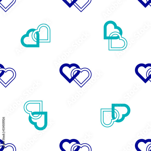 Blue Two Linked Hearts icon isolated seamless pattern on white background. Romantic symbol linked, join, passion and wedding. Valentine day. Vector