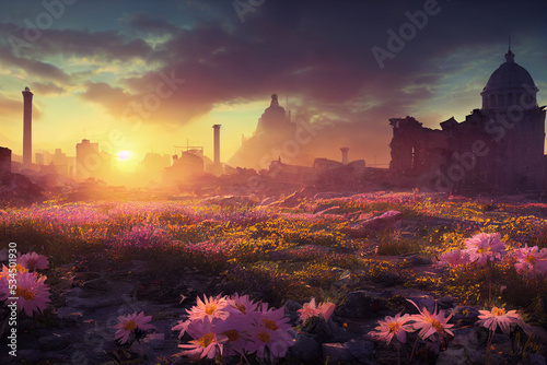 flowers bloom at ruined city after war or diaster fantasy 3d illustration