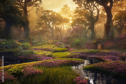 paradise enchanted garden with stream flow through fantasy digital illustration