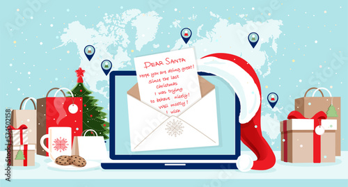 Santa`s laptop screen with online opened letter, modern workplace, table with gift bags, boxes ready for delivery, Santa hat, small fir tree, cookies, cup of hot tea. World map, icons, at background