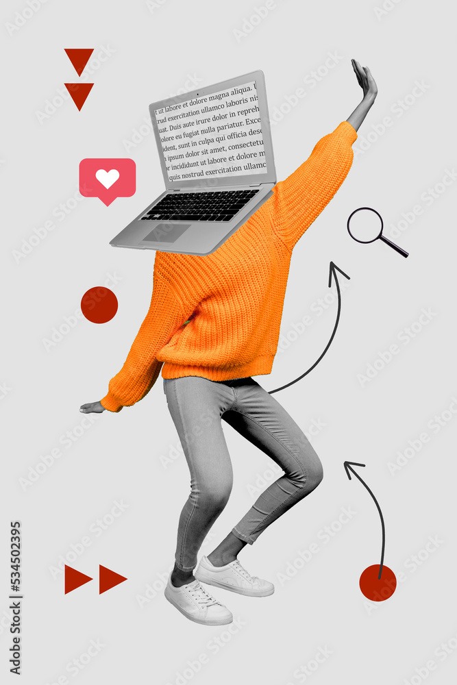 Collage magazine image of freak person with modern netbook face dance