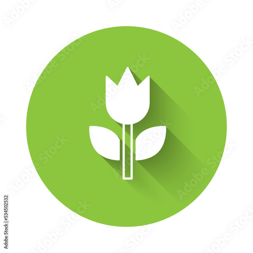 White Photo mode macro icon isolated with long shadow background. Green circle button. Vector