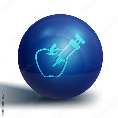 Blue Genetically modified apple icon isolated on white background. GMO fruit. Syringe being injected to apple. Blue circle button. Vector