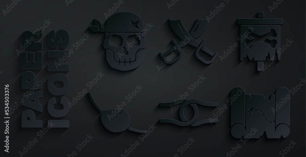 Pirate Rope Icon Set Rope tied in a knot, Pirate flag, eye patch, treasure map, Crossed ...