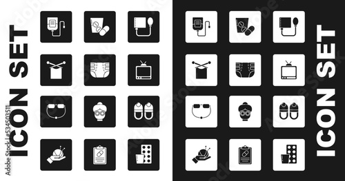 Set Blood pressure, Adult diaper, Knitting, IV bag, Retro tv, Medicine pill or tablet, Slippers and Eyeglasses icon. Vector
