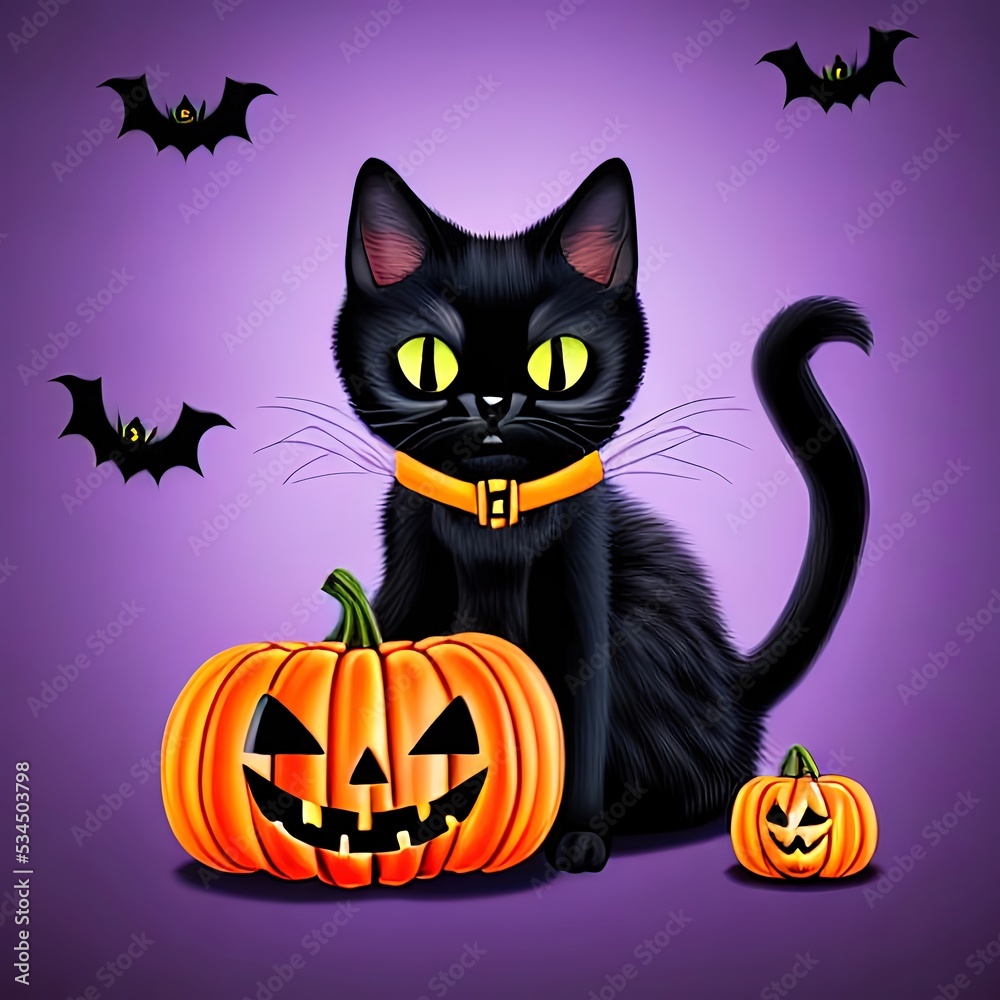 illustration of a black cat and a pumpkin