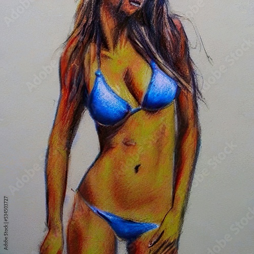 Woman in bikini. Colored pencil sketch 
