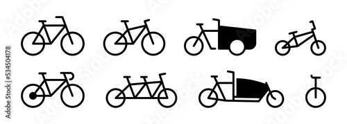 Bike, bicycle, mountain bike, racing bike, cargo bike icon set. Cycling transportation collection. Simple flat vector icons.