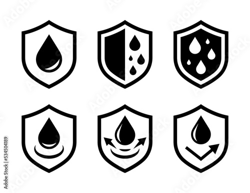Waterproof shield icon. Water resistant, liquid drop protection. Simple flat vector icons