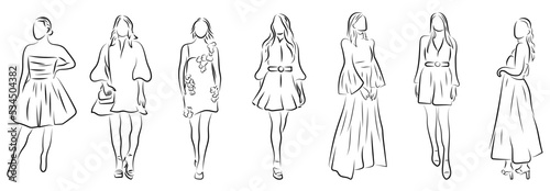 7 Frauen in Kleider Zeichnung Vektor Grafik | Women in dresses drawing graphic vector Lineart photo