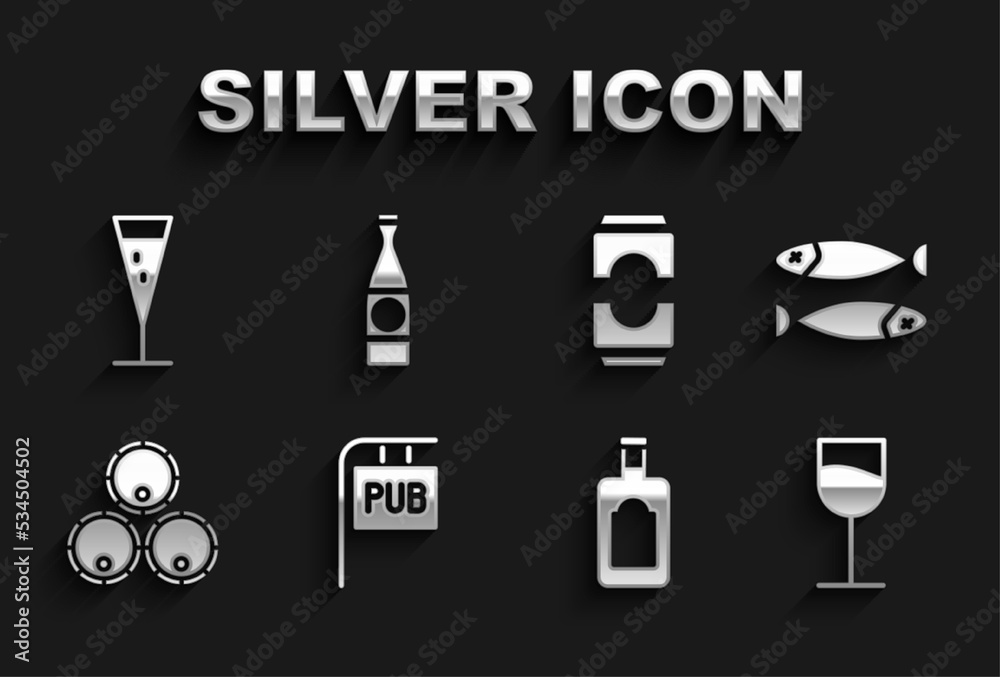 Set Street signboard with Pub, Dried fish, Wine glass, Whiskey bottle, Wooden barrels, Beer can, Glass of champagne and icon. Vector