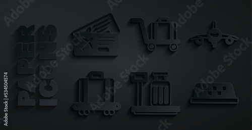 Set Scale with suitcase, Plane, Conveyor belt, Taxi car roof, Trolley baggage and Airline ticket icon. Vector