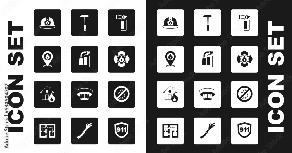 Set Fire extinguisher, Location with fire flame, Firefighter helmet, axe, No and burning house icon. Vector Set Fire extinguisher, Location with fire flame, Firefighter helmet, axe, No and burning house icon. Vector