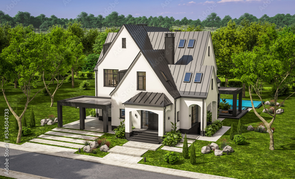 3d rendering of cute cozy white and black modern Tudor style house with parking and pool for sale or rent with beautiful landscaping. Fairy roofs. Clear sunny summer day with blue sky. 3d rendering of cute cozy white and black modern Tudor style house with parking and pool for sale or rent with beautiful landscaping. Fairy roofs. Clear sunny summer day with blue sky.