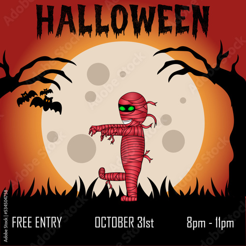 Halloween party invitation with red mummy walking in front of full moon