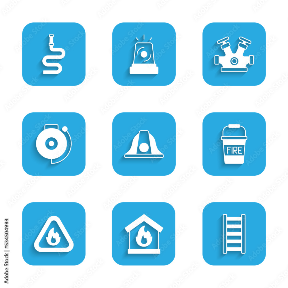 Set Firefighter helmet, in burning house, escape, bucket, flame triangle, Ringing alarm bell, hydrant and hose reel icon. Vector Set Firefighter helmet, in burning house, escape, bucket, flame triangle, Ringing alarm bell, hydrant and hose reel icon. Vector