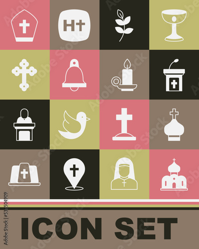 Set Church building, Christian church tower, sermon tribune, Willow leaf, bell, cross, Pope hat and Burning candle candlestick icon. Vector