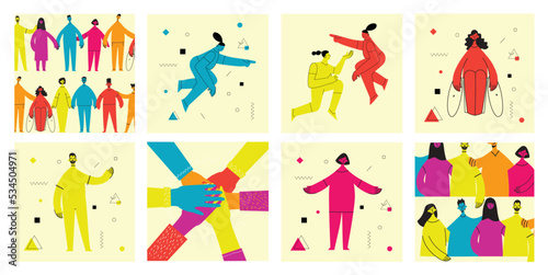 Fototapeta Naklejka Na Ścianę i Meble -  Young men and women with abstract geometric shapes. Team building and teamwork concept. Business partnership, cooperation and communication. Modern flat cartoon style.