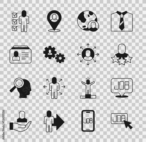 Set Search job, Productive human, Globe and people, Human with gear, Resume, and Multitasking manager working icon. Vector