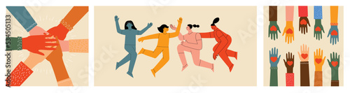 Women friendship group. Diverse female team standing together, holding hands, girls power, multinational sisterhood community vector illustration. Friendship group females, people diversity
