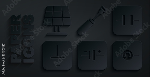 Set DC voltage source, Electrolytic capacitor, Electrical symbol ground, Ohmmeter, Screwdriver and Solar energy panel icon. Vector
