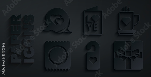 Set Please do not disturb with heart, Coffee cup and, Condom in package, Gift box, Valentines day party flyer and Heart speech bubble icon. Vector