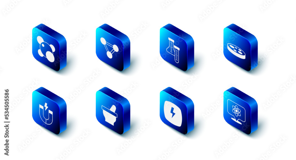 Set Molecule, Test tube, Petri dish with bacteria, Atom, Lightning bolt, Mortar and pestle, Magnet and icon. Vector Set Molecule, Test tube, Petri dish with bacteria, Atom, Lightning bolt, Mortar and pestle, Magnet and icon. Vector