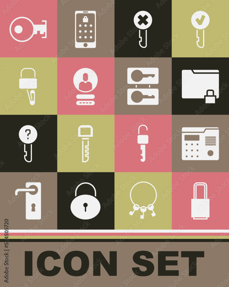 Set Lock, House intercom system, Folder and lock, Wrong key, Create account screen, picks for picking, Key and Casting keys icon. Vector Set Lock, House intercom system, Folder and lock, Wrong key, Create account screen, picks for picking, Key and Casting keys icon. Vector