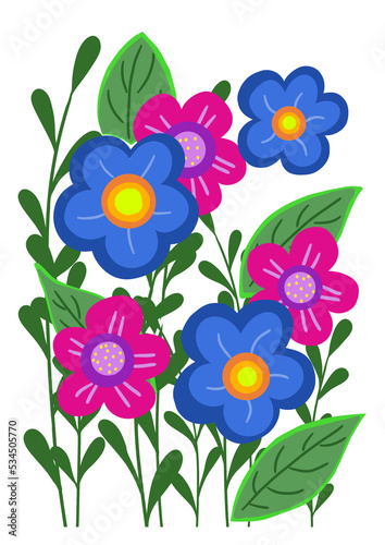 ramalhete de flores azul e cor de rosa com folhas verdes photo