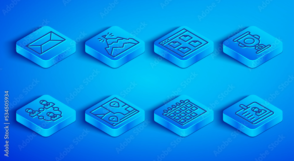 Set line Envelope, Mountains with flag, Browser files, Folded map location, Calendar, Award cup, Project team base and Identification badge icon. Vector Set line Envelope, Mountains with flag, Browser files, Folded map location, Calendar, Award cup, Project team base and Identification badge icon. Vector