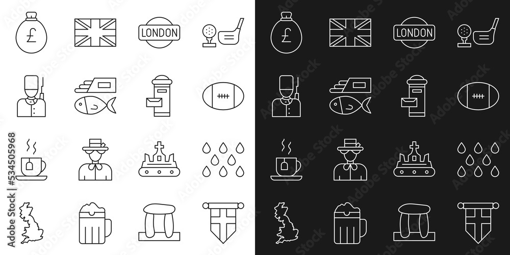 Set line England flag on pennant, Water drop, Rugby ball, London sign, Fish chips, British soldier, Money bag with pound and mail box icon. Vector