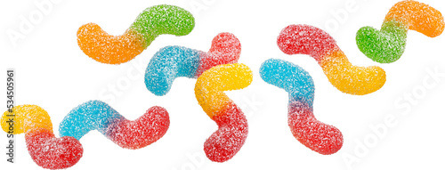 Falling sour gummy worms isolated 