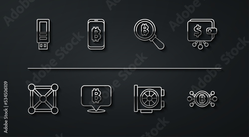 Set line USB flash drive, Blockchain technology, Cryptocurrency wallet, Video graphic card, Bitcoin, Mining bitcoin from mobile, circuit and Magnifying glass with icon. Vector