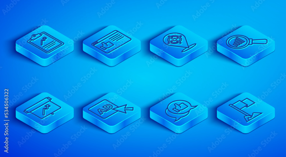 Set line Clipboard with graph chart, Browser window, Target sport, Advertising, Customer product rating, Magnifying glass and analysis, Board and Location marker icon. Vector Set line Clipboard with graph chart, Browser window, Target sport, Advertising, Customer product rating, Magnifying glass and analysis, Board and Location marker icon. Vector