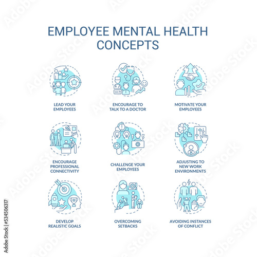 Mental health at workplace blue concept icons set. Employees wellbeing. Workforce resilience thin line color illustrations. Isolated symbols. Editable stroke. Roboto-Medium, Myriad Pro-Bold fonts used