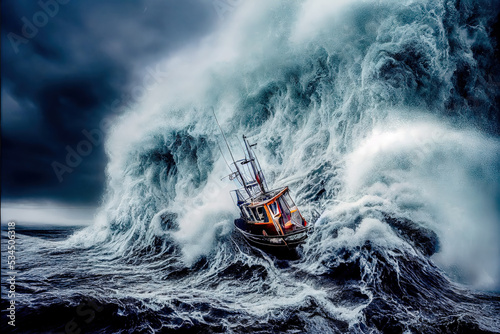 Schiff in Seenot, Orkan, Hurrikan, Taifun 