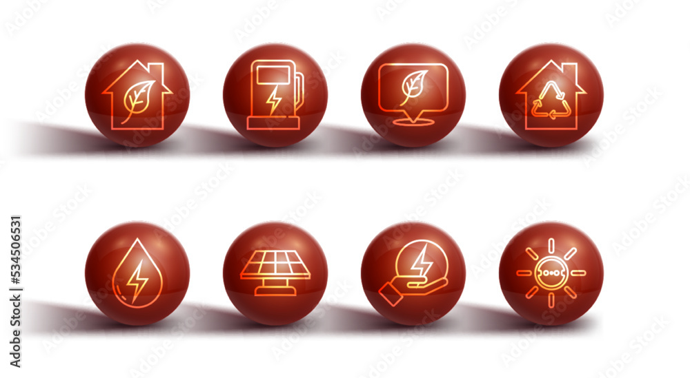 Set line Eco friendly house, Water energy, House with recycling, Lightning bolt, Solar panel, Electric car charging station, and Location leaf icon. Vector