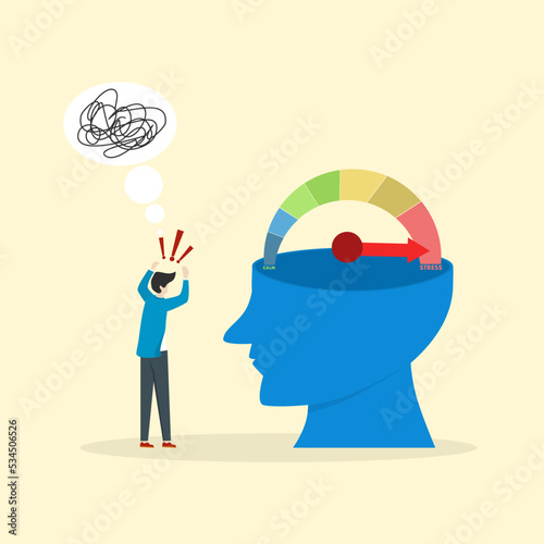 stress concept. a stressed businessman, Jane, a stressed businessman with a big head indicator. Deadline pressure, stressful work. Character illustrations
