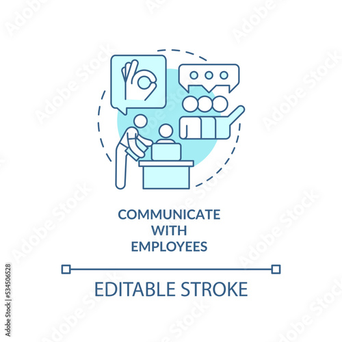 Building relationships with employees blue concept icon. Teamwork communication abstract idea thin line illustration. Isolated outline drawing. Editable stroke. Arial, Myriad Pro-Bold fonts used