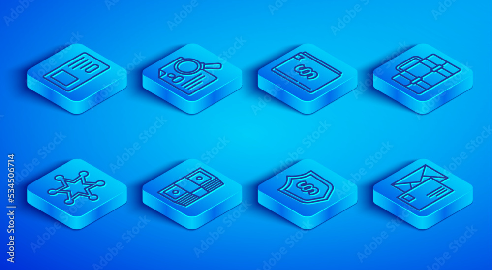Set line Identification badge, Paper analysis magnifying, Law book, Bribe money cash, Justice law shield, Briefcase, Hexagram sheriff and Envelope icon. Vector Set line Identification badge, Paper analysis magnifying, Law book, Bribe money cash, Justice law shield, Briefcase, Hexagram sheriff and Envelope icon. Vector