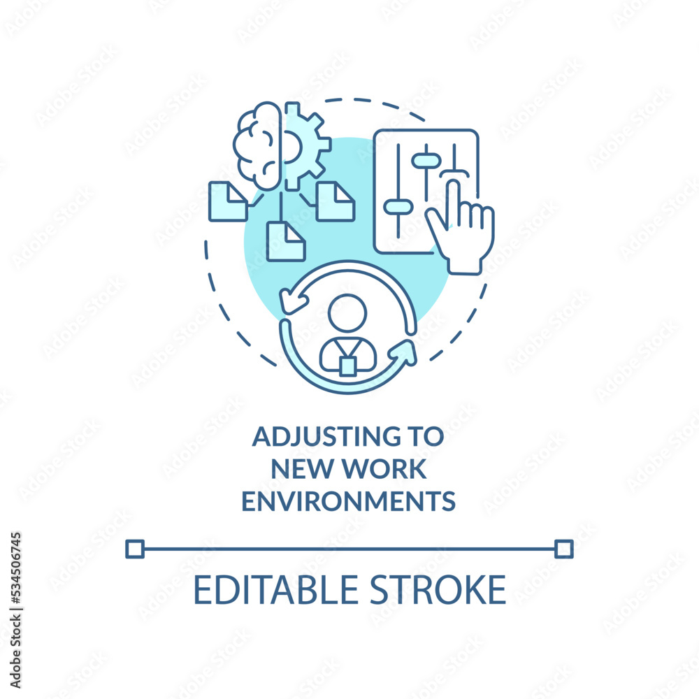 Adapt to new work environments blue concept icon. Employees flexibility skills abstract idea thin line illustration. Isolated outline drawing. Editable stroke. Arial, Myriad Pro-Bold fonts used